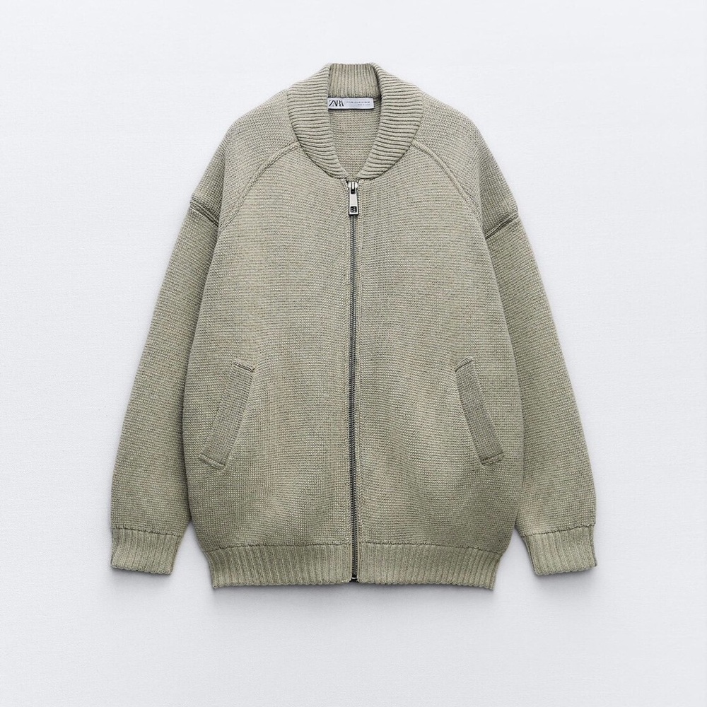 ZARA Sage Green Thick Knit Wool Blend Sweater Bomber Jacket w Side Zipper L-XL